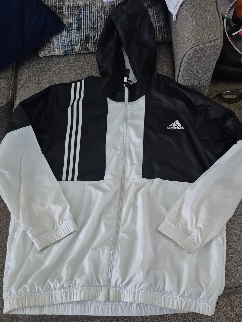 adidas Black and White Hooded Windbreaker with Three-Stripes